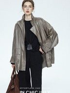 chicjuly Phantom Oil Wax Stand Collar Flap Pocket Zipper Women's Windbreakers