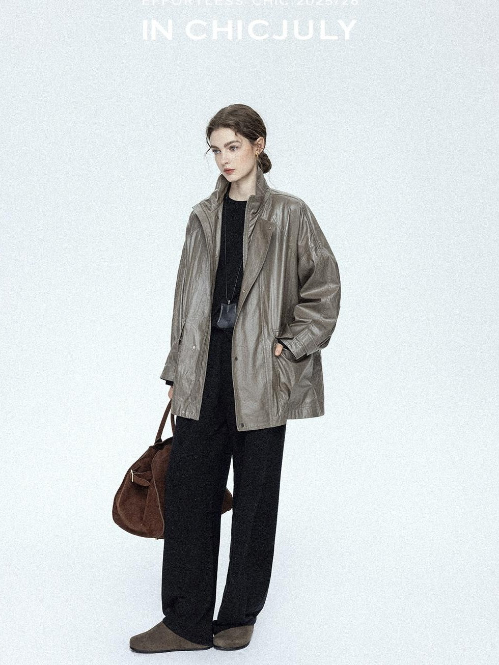 chicjuly Phantom Oil Wax Stand Collar Flap Pocket Zipper Women's Windbreakers