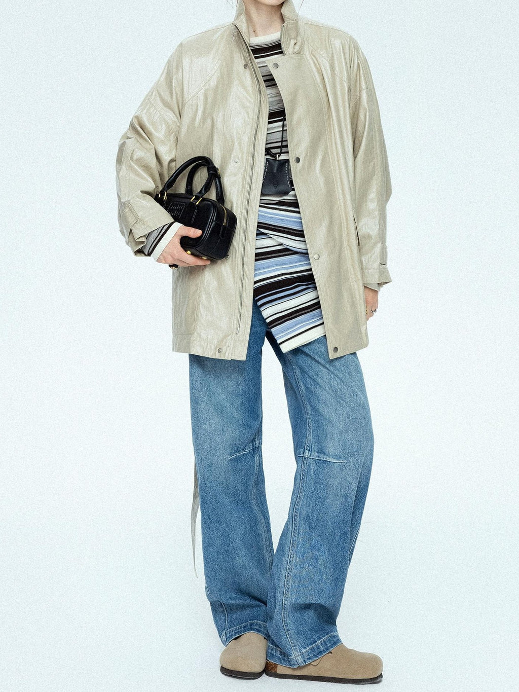 chicjuly Phantom Oil Wax Stand Collar Flap Pocket Zipper Women's Windbreakers