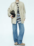 chicjuly Phantom Oil Wax Stand Collar Flap Pocket Zipper Women's Windbreakers
