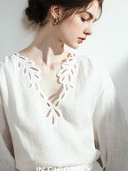 chicjuly Provencal 3d Embroidered V-neck Women's Linen Sun Protection Top & Shorts Sets