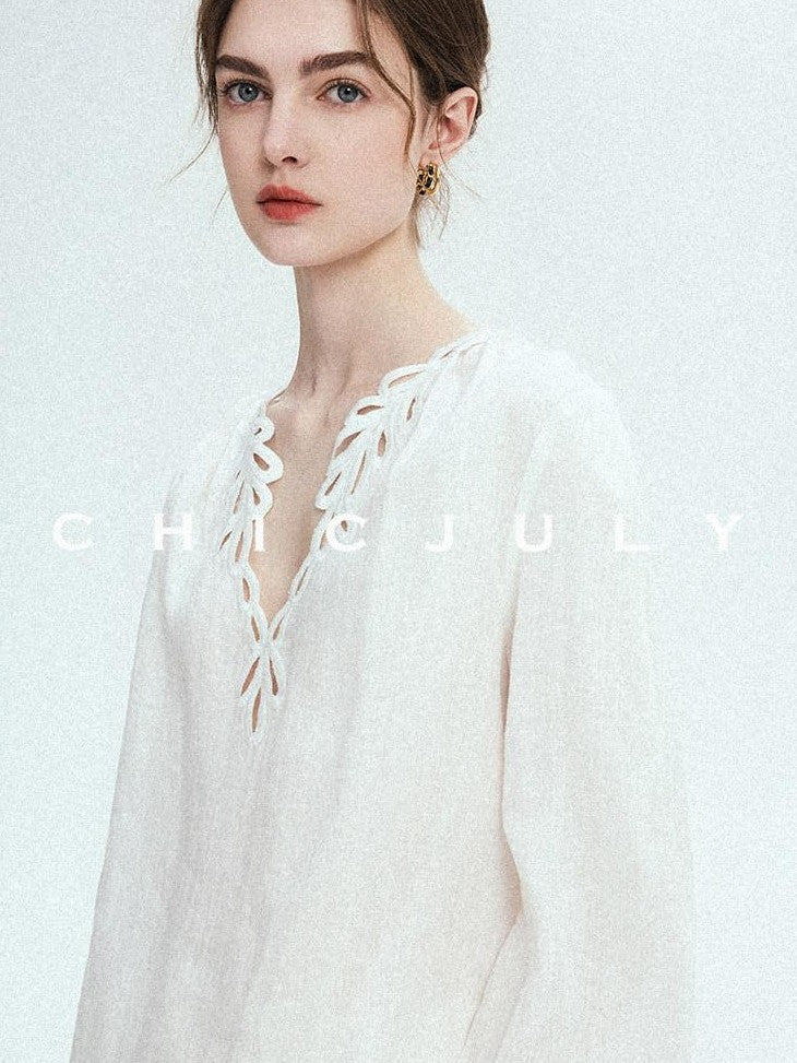 chicjuly Provencal 3d Embroidered V-neck Women's Linen Sun Protection Top & Shorts Sets