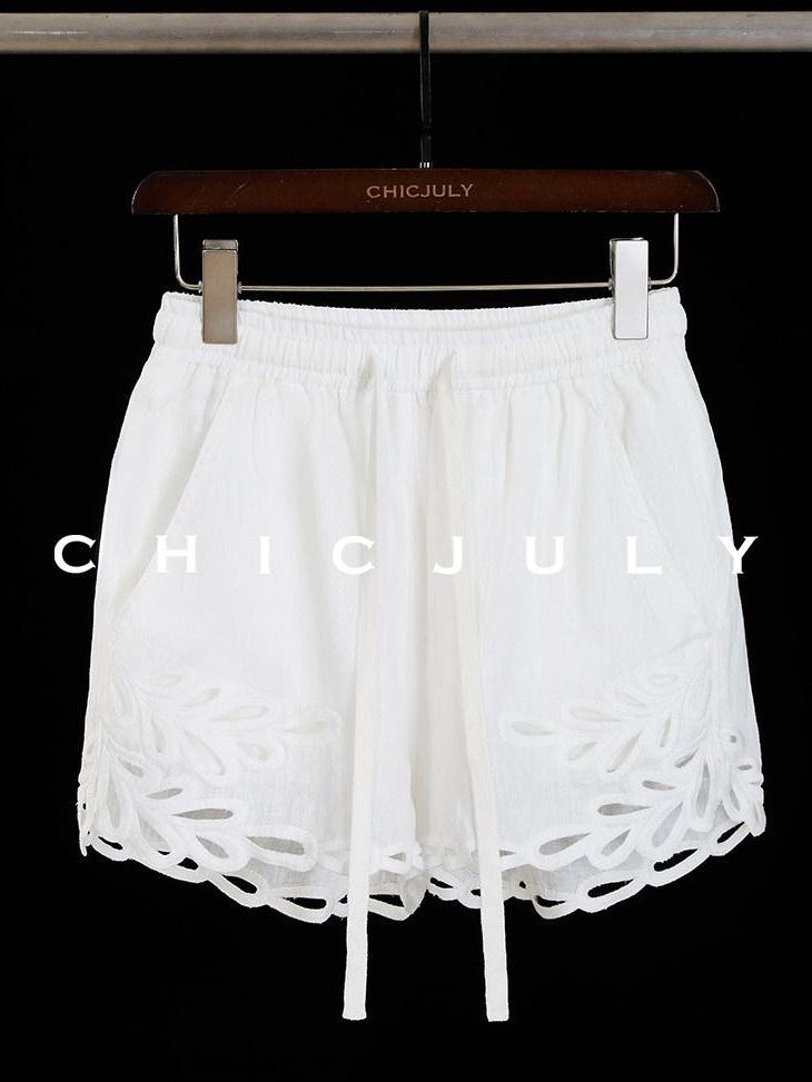 chicjuly Provencal 3d Embroidered V-neck Women's Linen Sun Protection Top & Shorts Sets