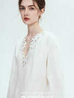 chicjuly Provencal 3d Embroidered V-neck Women's Linen Sun Protection Top & Shorts Sets
