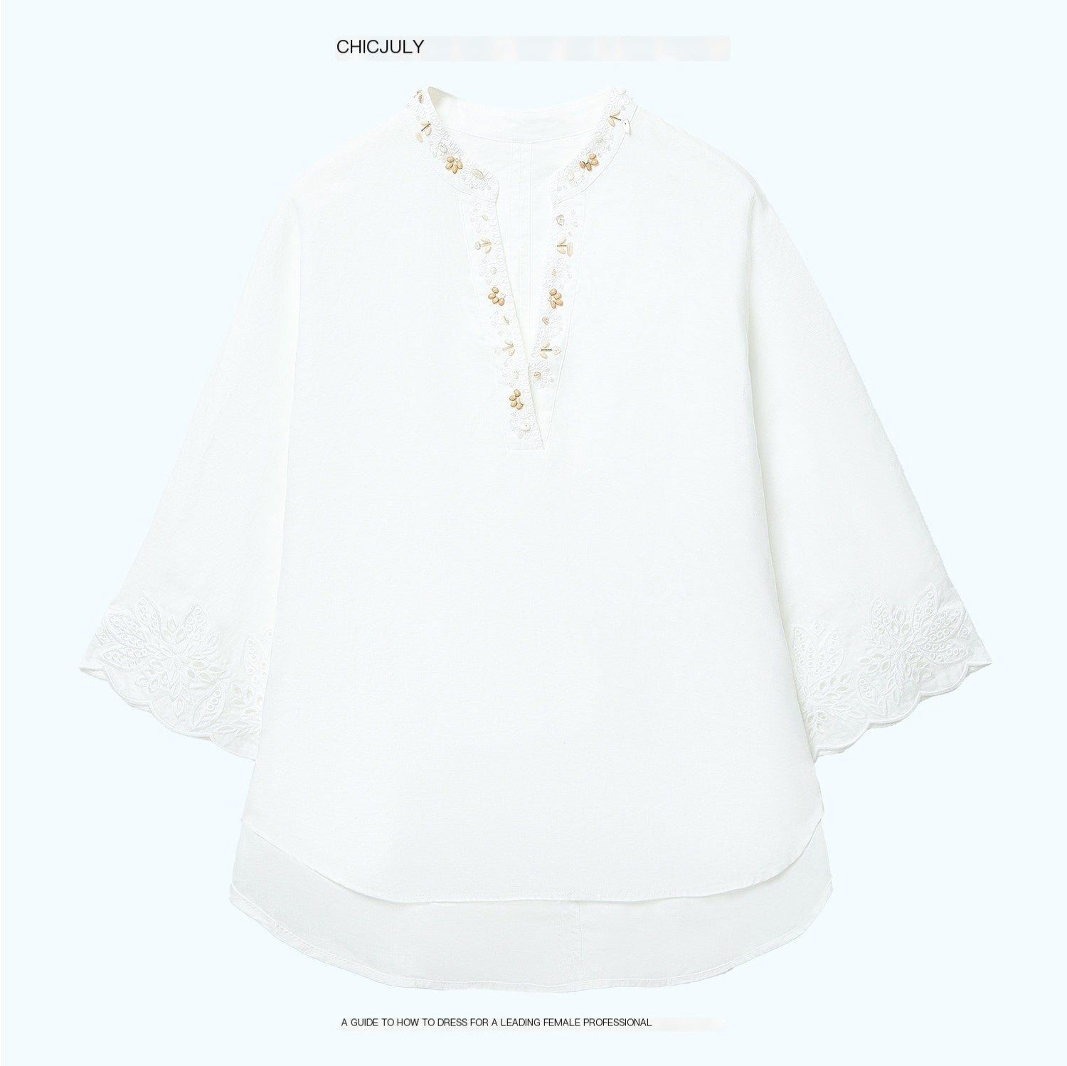 chicjuly Provence Heavy Coin Bead Embroidery V-neck Women's Linen Top & Shorts Sets 1046665730871