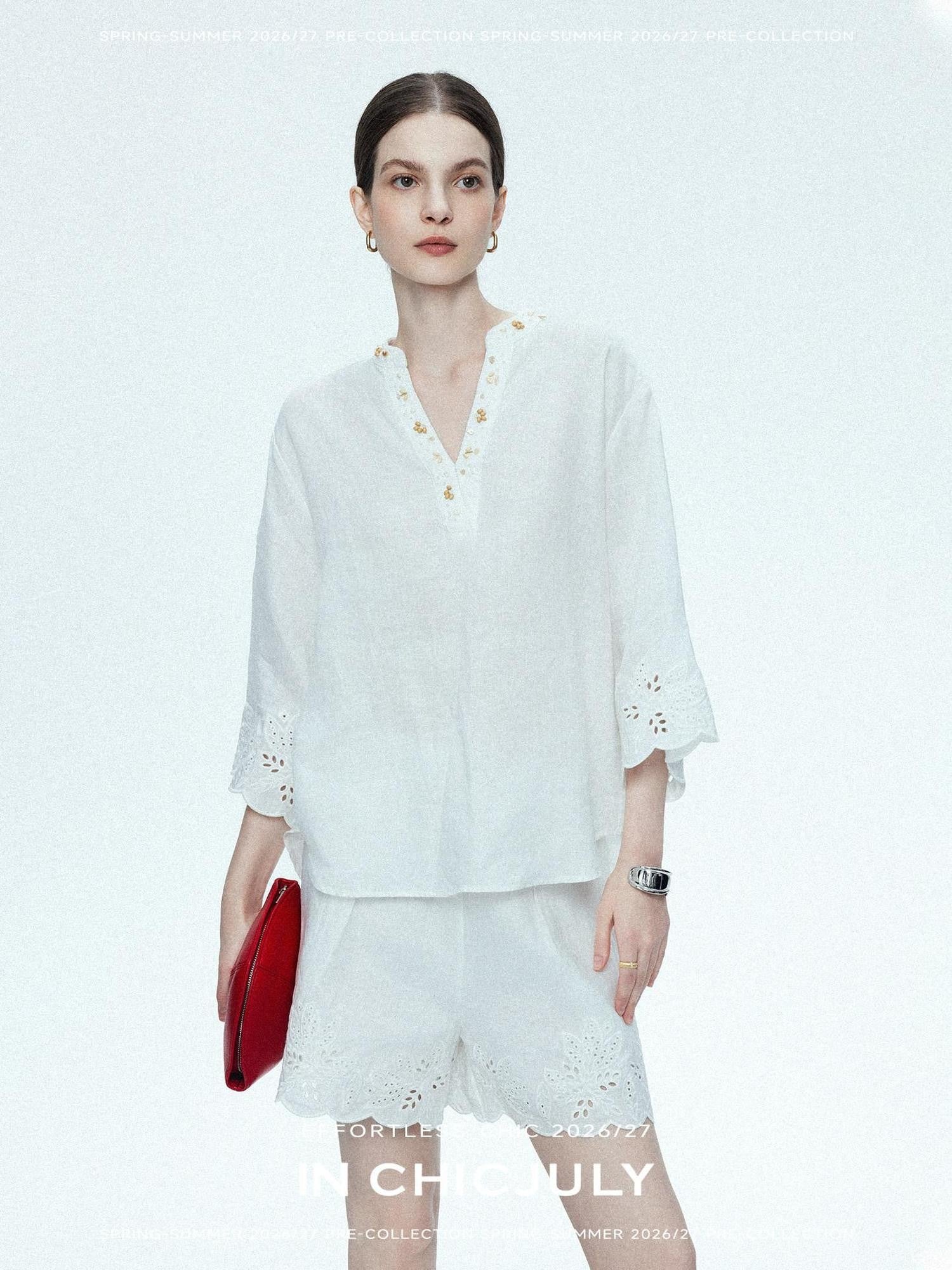chicjuly Provence Heavy Coin Bead Embroidery V-neck Women's Linen Top & Shorts Sets