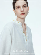 chicjuly Provence Heavy Coin Bead Embroidery V-neck Women's Linen Top & Shorts Sets