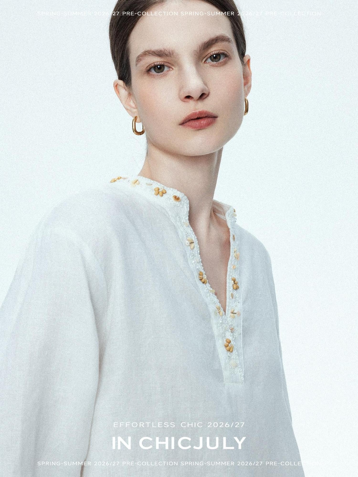 chicjuly Provence Heavy Coin Bead Embroidery V-neck Women's Linen Top & Shorts Sets