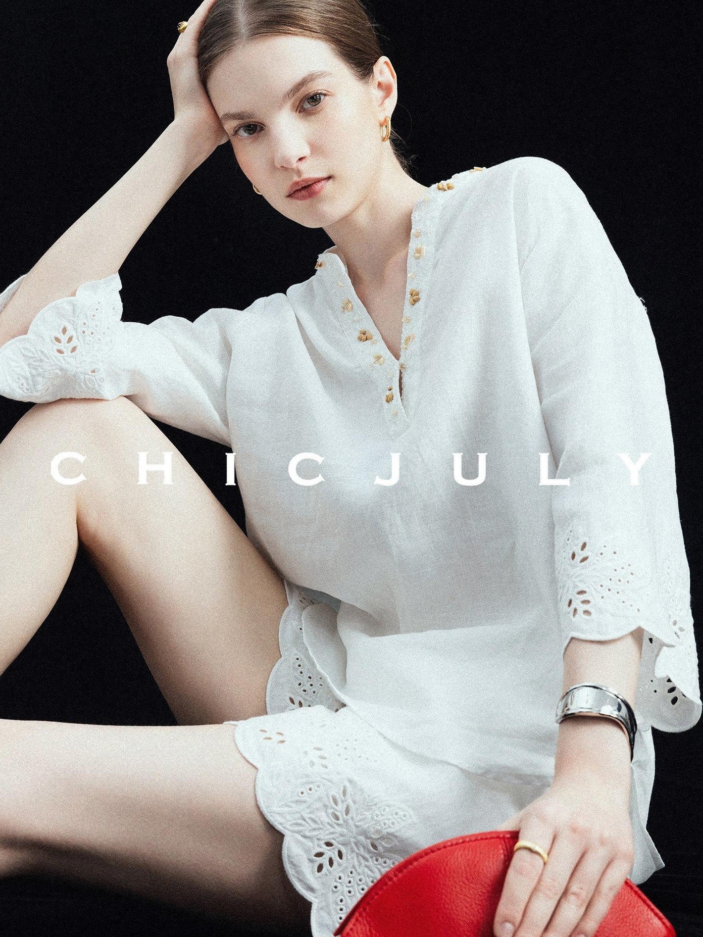 chicjuly Provence Heavy Coin Bead Embroidery V-neck Women's Linen Top & Shorts Sets