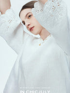 chicjuly Provence Heavy Coin Bead Embroidery V-neck Women's Linen Top & Shorts Sets