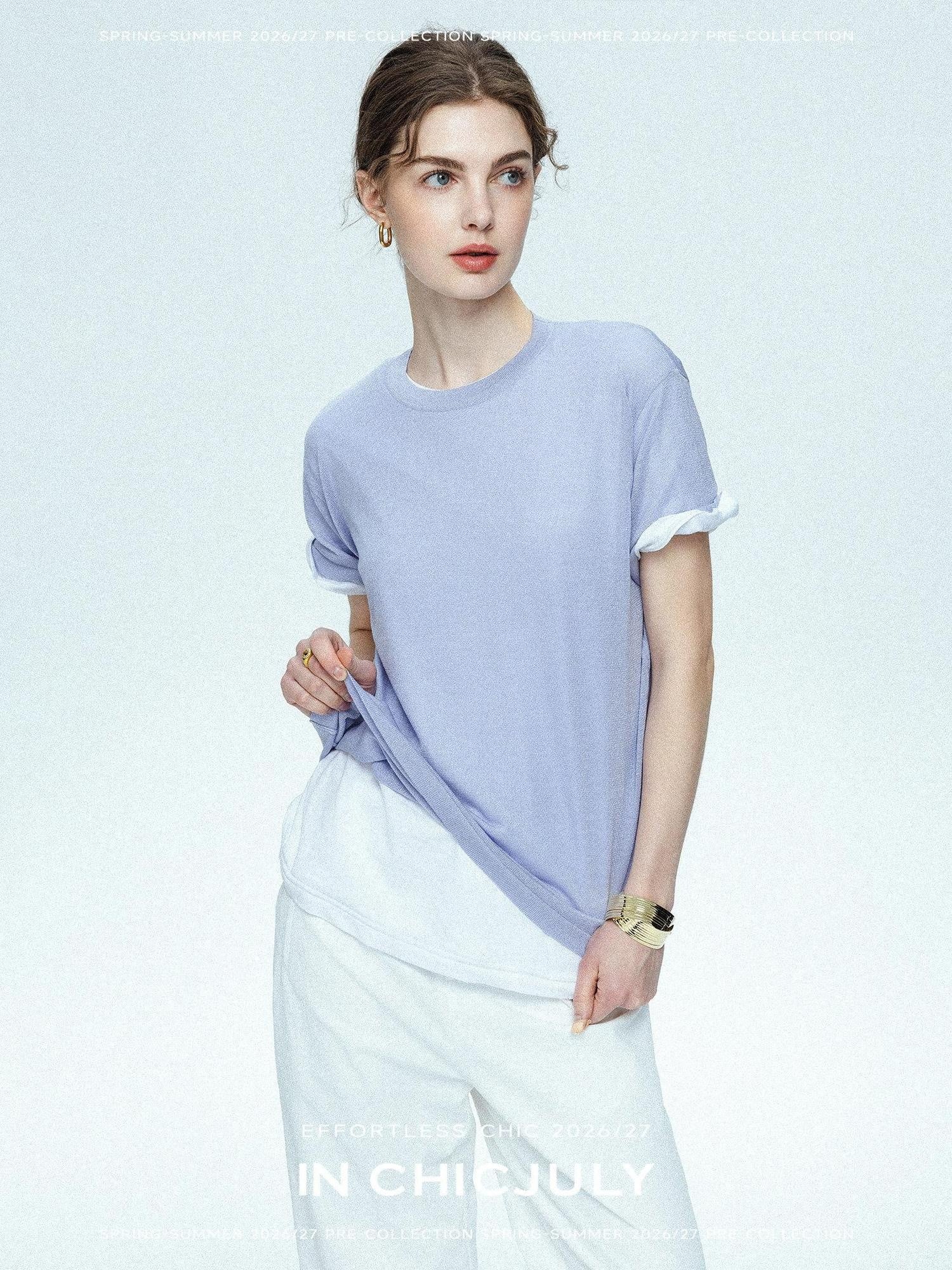 chicjuly Purple Shimmer Textured Metallic Knit Women's Lyocell Short Sleeve T-shirts