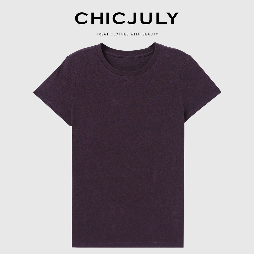 chicjuly Raspberry Minimal Straight Round Neck Women's Cotton Linen Short Sleeve T-shirts 790177880928
