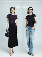 chicjuly Raspberry Minimal Straight Round Neck Women's Cotton Linen Short Sleeve T-shirts