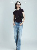chicjuly Raspberry Minimal Straight Round Neck Women's Cotton Linen Short Sleeve T-shirts
