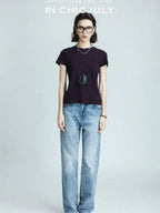 chicjuly Raspberry Minimal Straight Round Neck Women's Cotton Linen Short Sleeve T-shirts