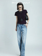 chicjuly Raspberry Minimal Straight Round Neck Women's Cotton Linen Short Sleeve T-shirts