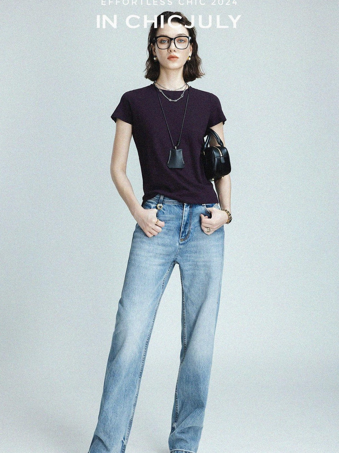chicjuly Raspberry Minimal Straight Round Neck Women's Cotton Linen Short Sleeve T-shirts