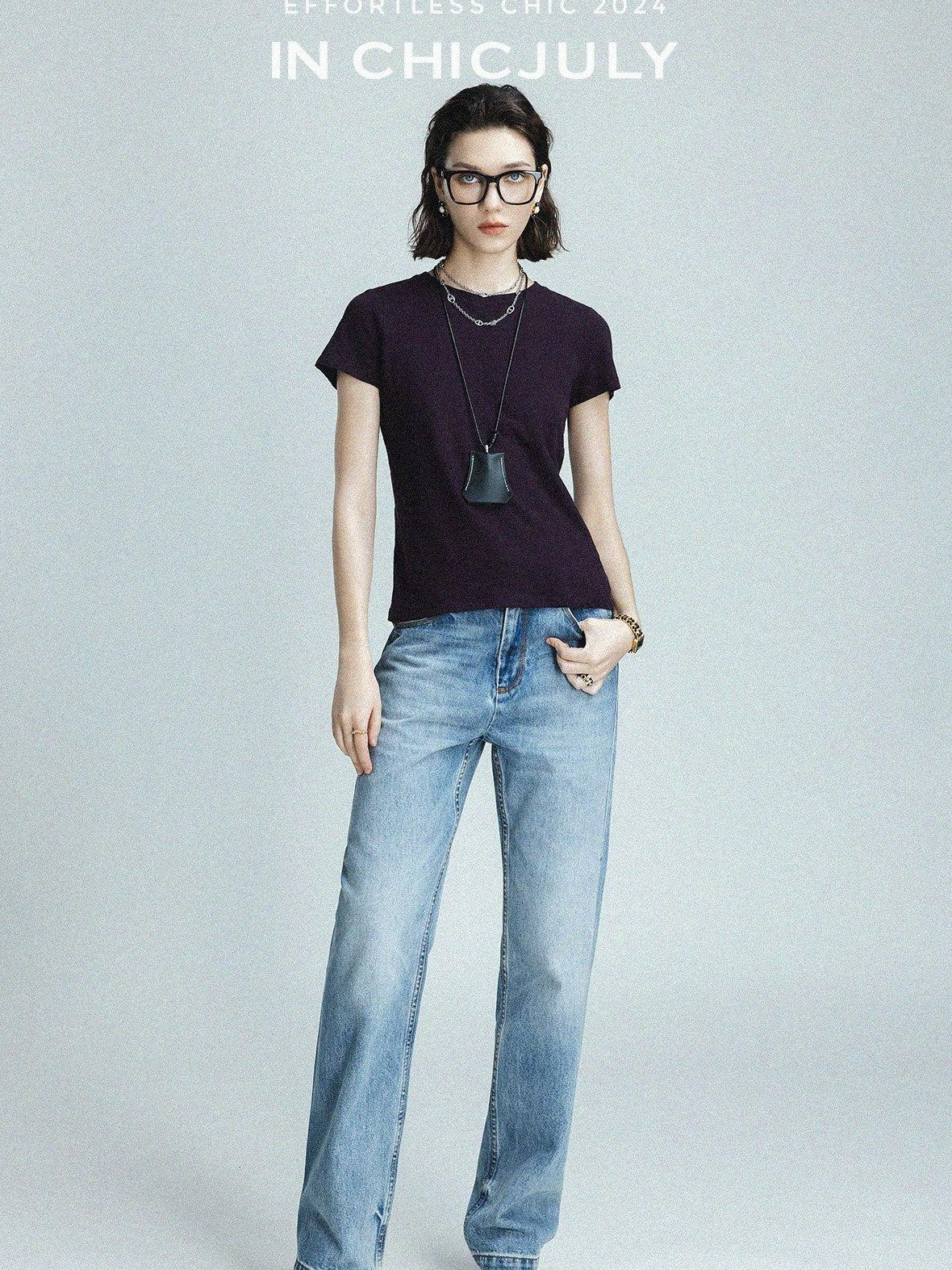 chicjuly Raspberry Minimal Straight Round Neck Women's Cotton Linen Short Sleeve T-shirts