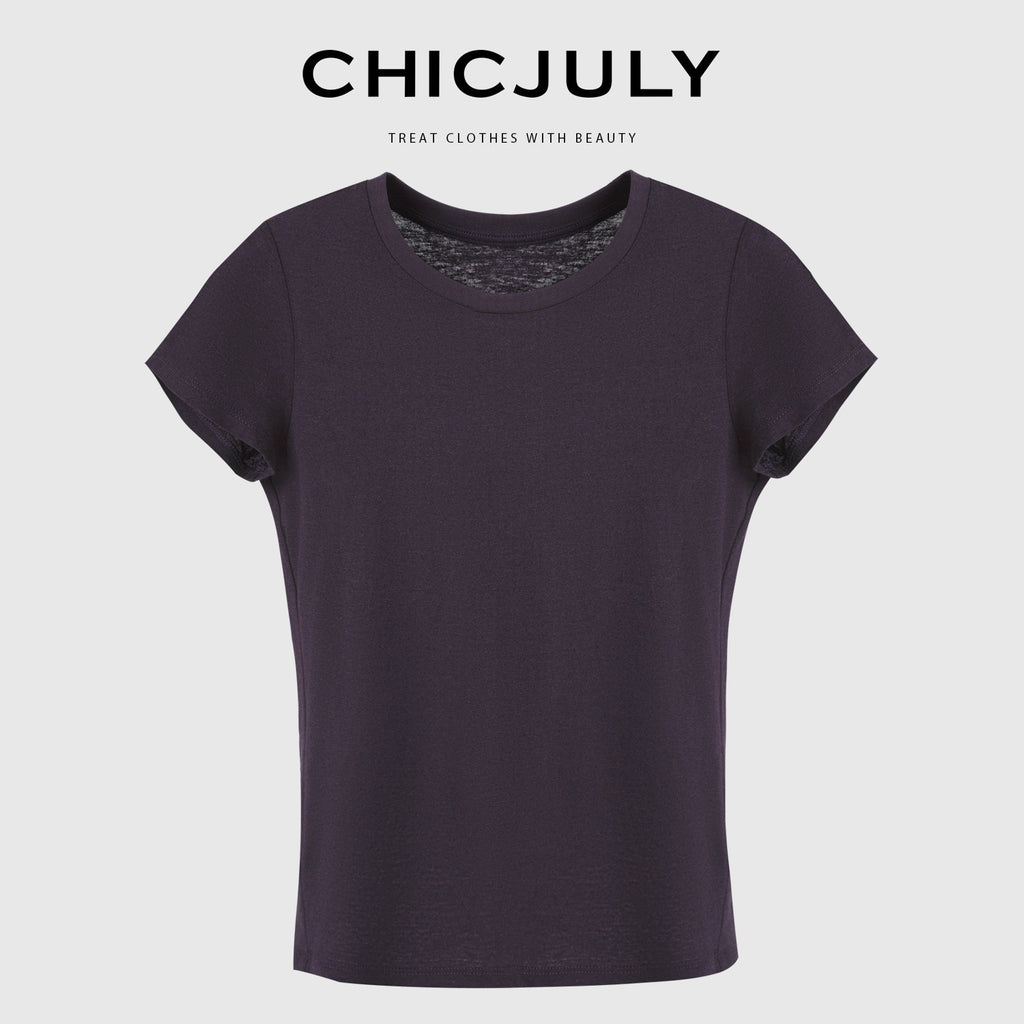chicjuly Raspberry Solid Knit Crewneck Slim Women's Cotton Linen Short Sleeve T-shirts 884615774368