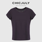 chicjuly Raspberry Solid Knit Crewneck Slim Women's Cotton Linen Short Sleeve T-shirts 884615774368
