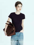 chicjuly Raspberry Solid Knit Crewneck Slim Women's Cotton Linen Short Sleeve T-shirts