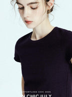 chicjuly Raspberry Solid Knit Crewneck Slim Women's Cotton Linen Short Sleeve T-shirts