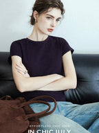 chicjuly Raspberry Solid Knit Crewneck Slim Women's Cotton Linen Short Sleeve T-shirts