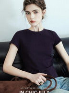 chicjuly Raspberry Solid Knit Crewneck Slim Women's Cotton Linen Short Sleeve T-shirts