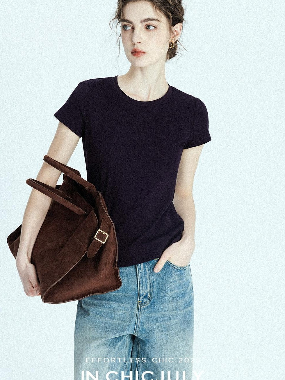 chicjuly Raspberry Solid Knit Crewneck Slim Women's Cotton Linen Short Sleeve T-shirts