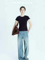 chicjuly Raspberry Solid Knit Crewneck Slim Women's Cotton Linen Short Sleeve T-shirts