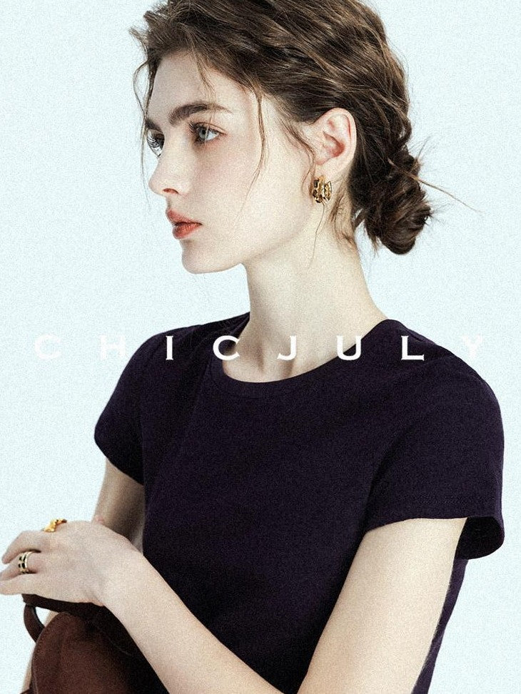 chicjuly Raspberry Solid Knit Crewneck Slim Women's Cotton Linen Short Sleeve T-shirts