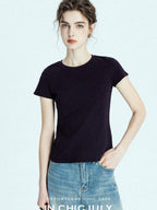 chicjuly Raspberry Solid Knit Crewneck Slim Women's Cotton Linen Short Sleeve T-shirts
