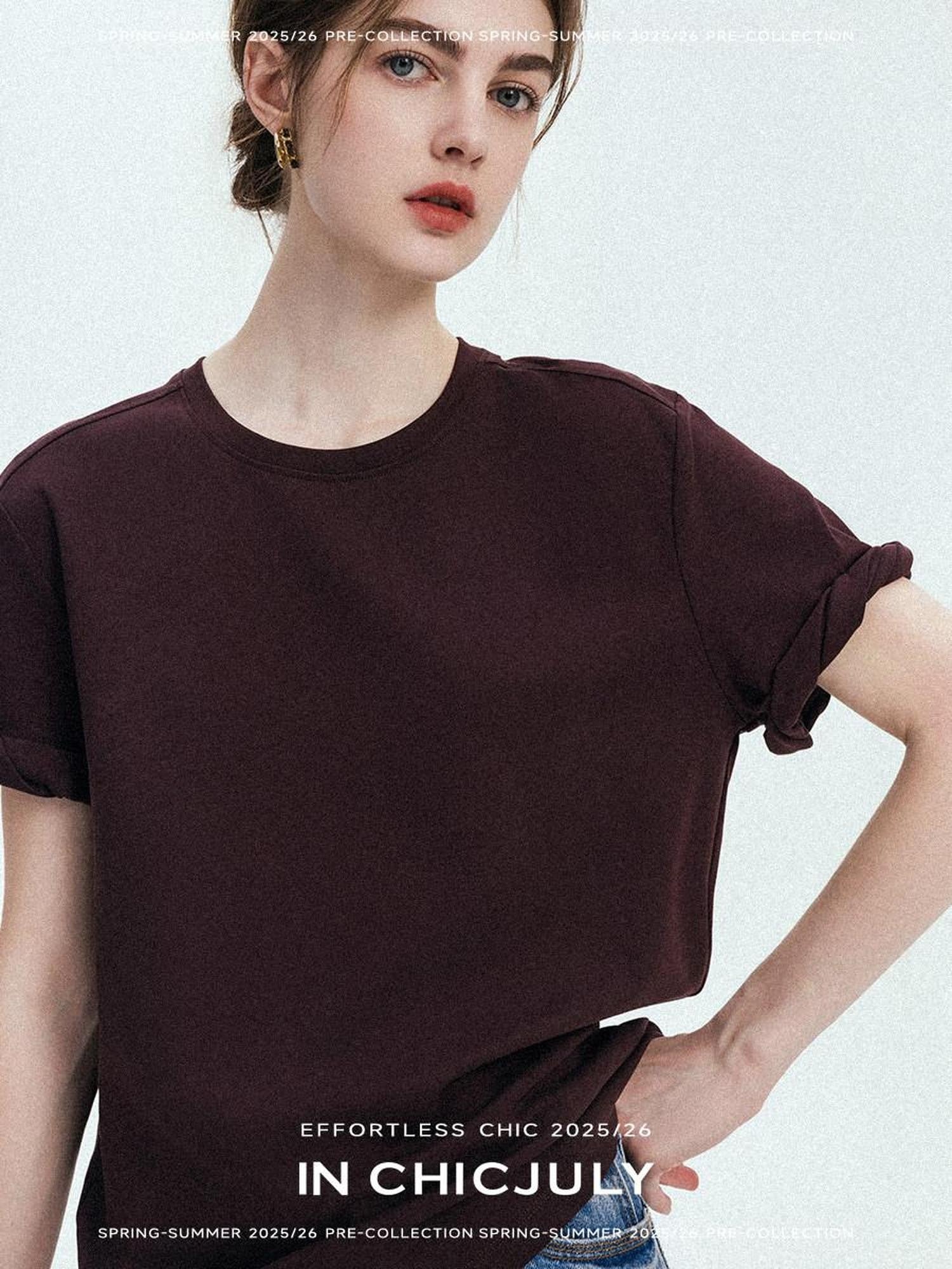 chicjuly Relaxed Hand Rolled Hem 3d Round Neck Women's Cotton Short Sleeve T-shirts