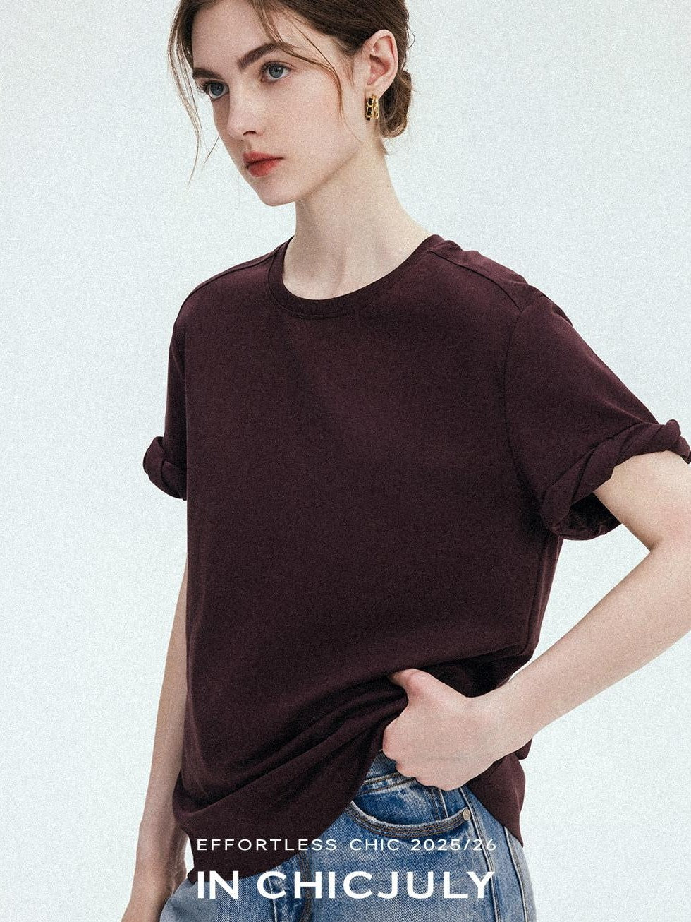 chicjuly Relaxed Hand Rolled Hem 3d Round Neck Women's Cotton Short Sleeve T-shirts