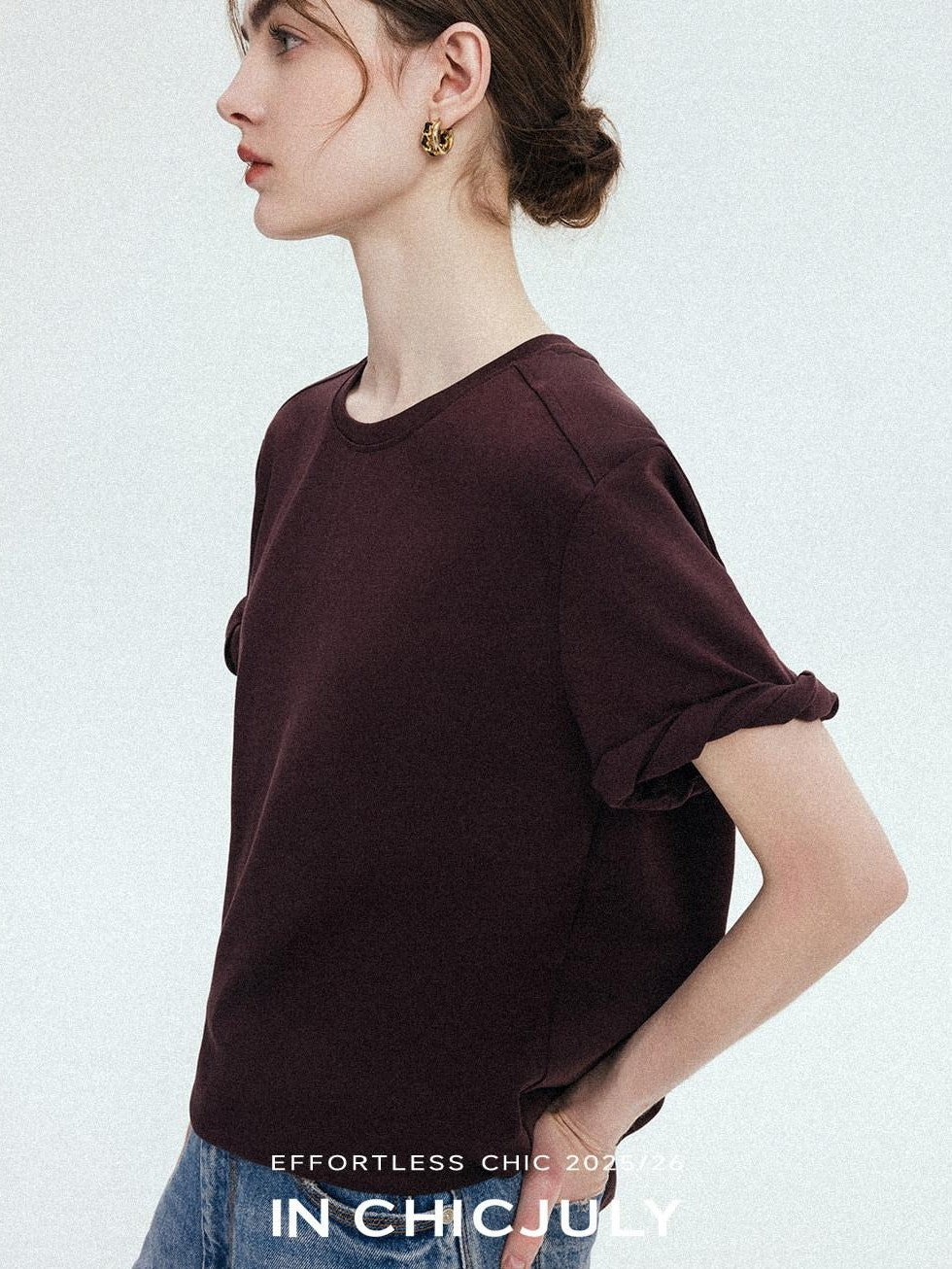 chicjuly Relaxed Hand Rolled Hem 3d Round Neck Women's Cotton Short Sleeve T-shirts