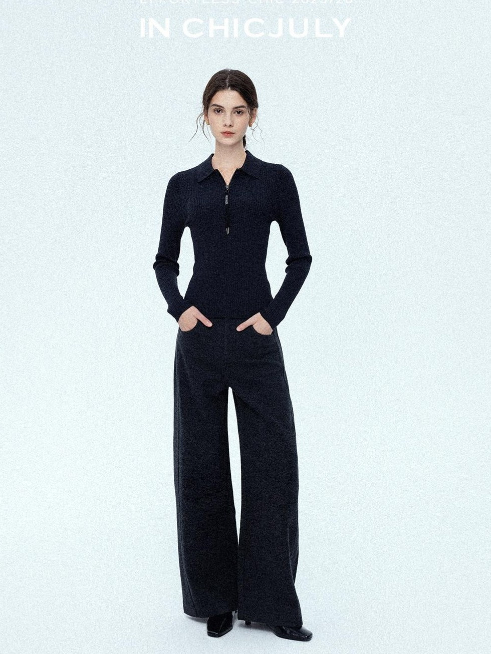 chicjuly Relaxed Minimalist Curved Slimming Women's Wool High Waist Wide-leg Pants