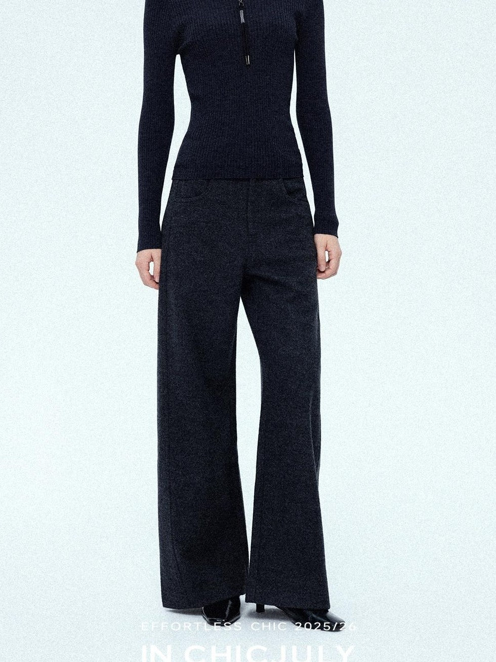 chicjuly Relaxed Minimalist Curved Slimming Women's Wool High Waist Wide-leg Pants