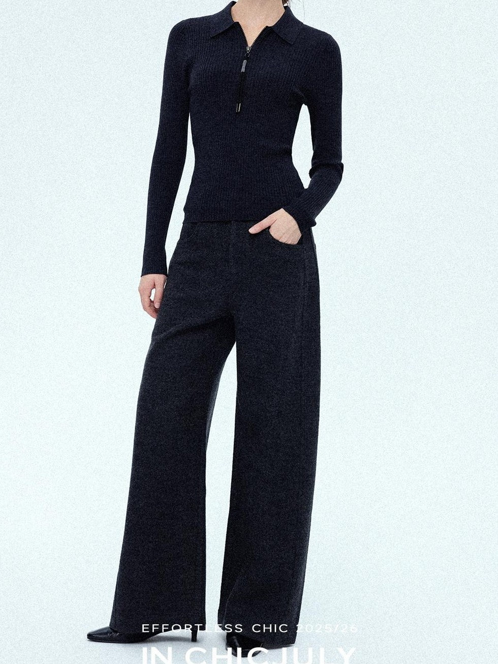 chicjuly Relaxed Minimalist Curved Slimming Women's Wool High Waist Wide-leg Pants