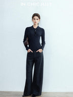 chicjuly Relaxed Minimalist Curved Slimming Women's Wool High Waist Wide-leg Pants