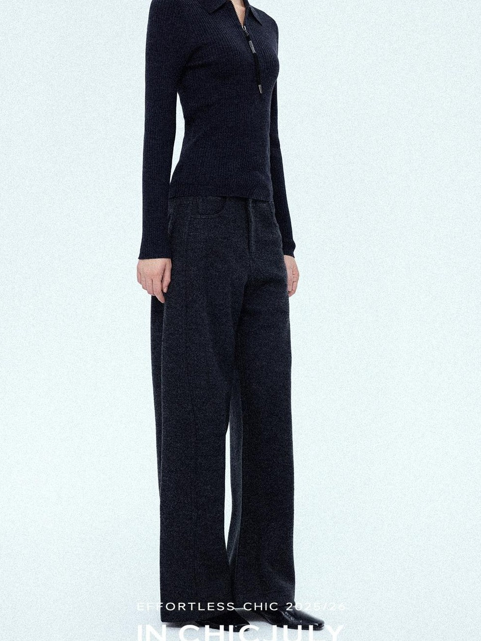 chicjuly Relaxed Minimalist Curved Slimming Women's Wool High Waist Wide-leg Pants