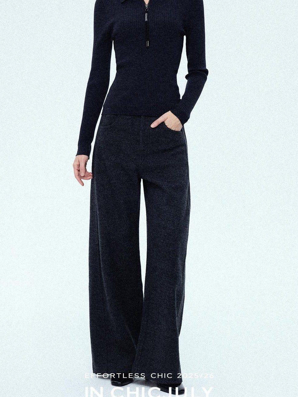chicjuly Relaxed Minimalist Curved Slimming Women's Wool High Waist Wide-leg Pants