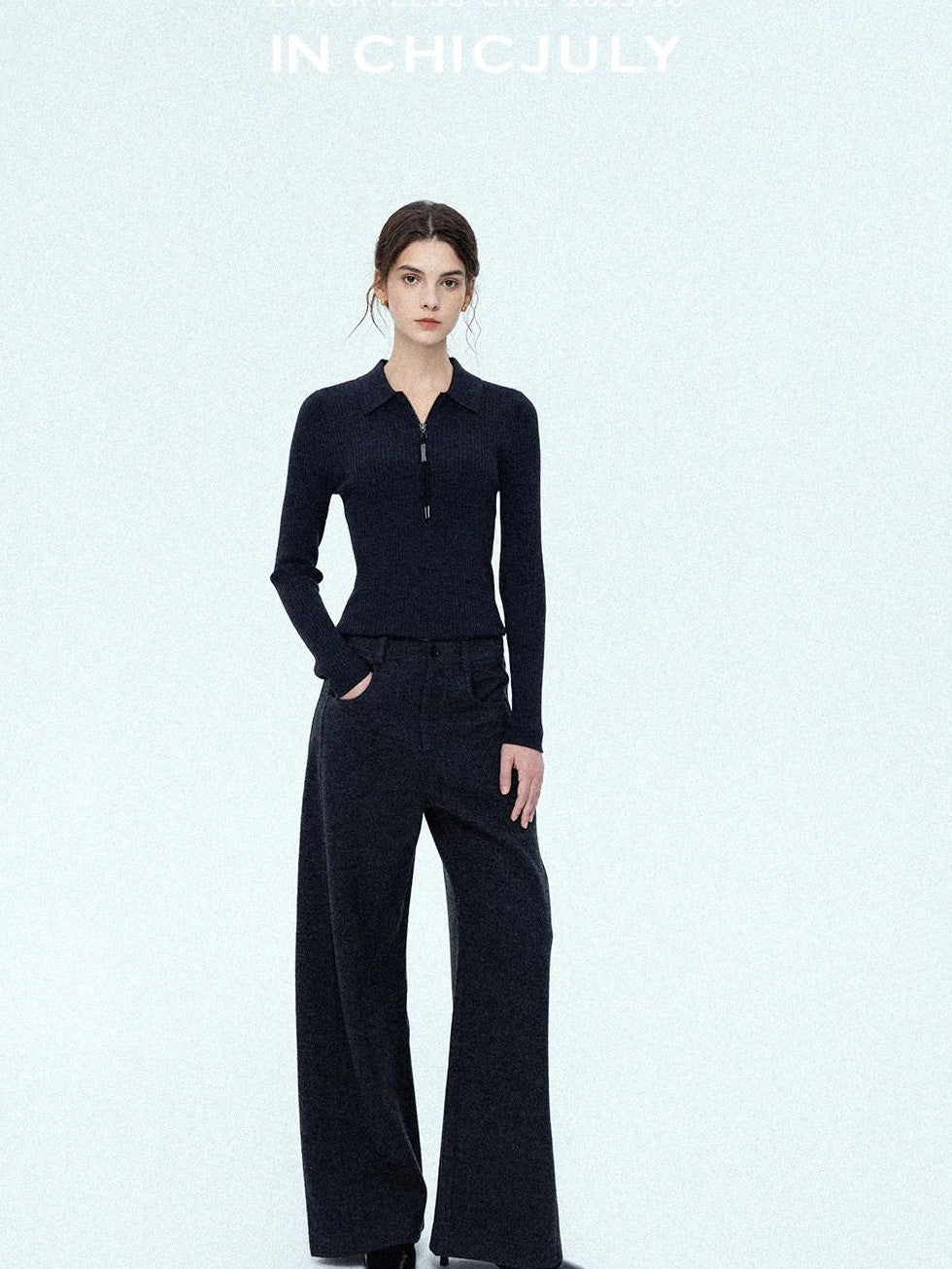 chicjuly Relaxed Minimalist Curved Slimming Women's Wool High Waist Wide-leg Pants