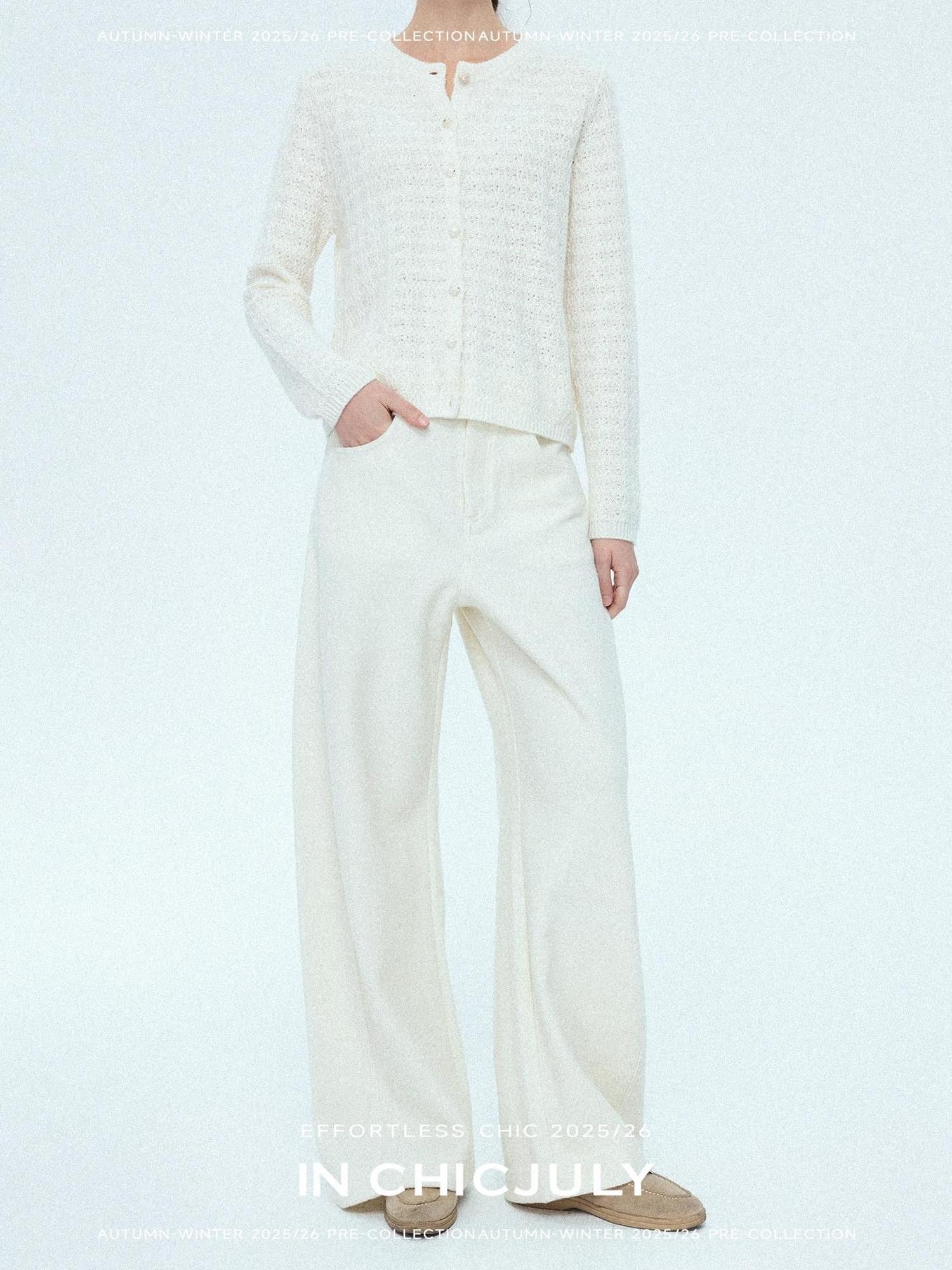 chicjuly Relaxed Minimalist Curved Slimming Women's Wool High Waist Wide-leg Pants