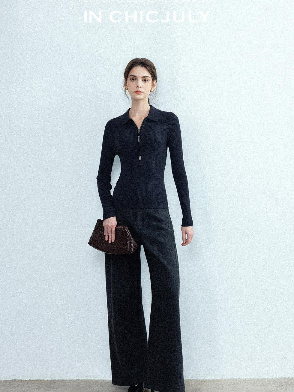 chicjuly Relaxed Minimalist Curved Slimming Women's Wool High Waist Wide-leg Pants