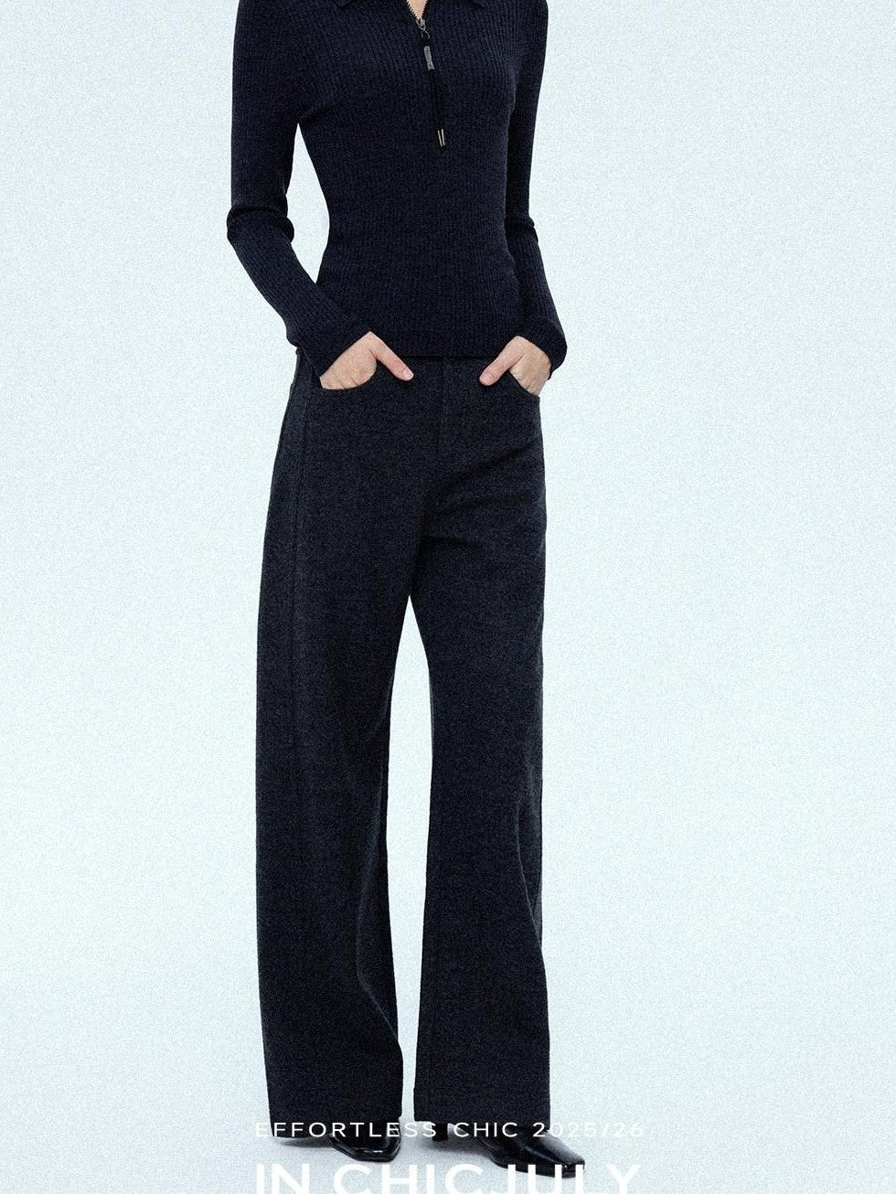 chicjuly Relaxed Minimalist Curved Slimming Women's Wool High Waist Wide-leg Pants