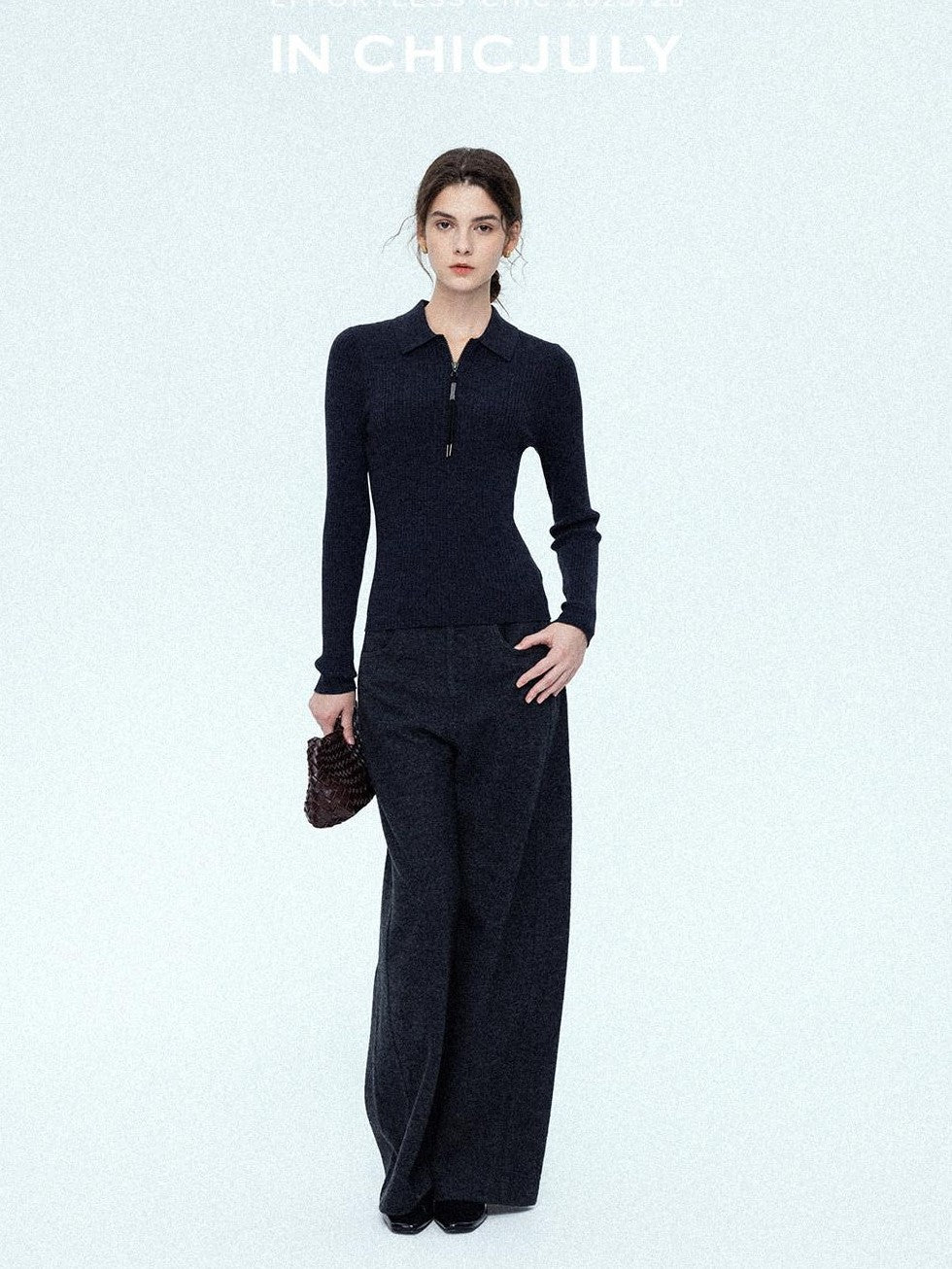 chicjuly Relaxed Minimalist Curved Slimming Women's Wool High Waist Wide-leg Pants