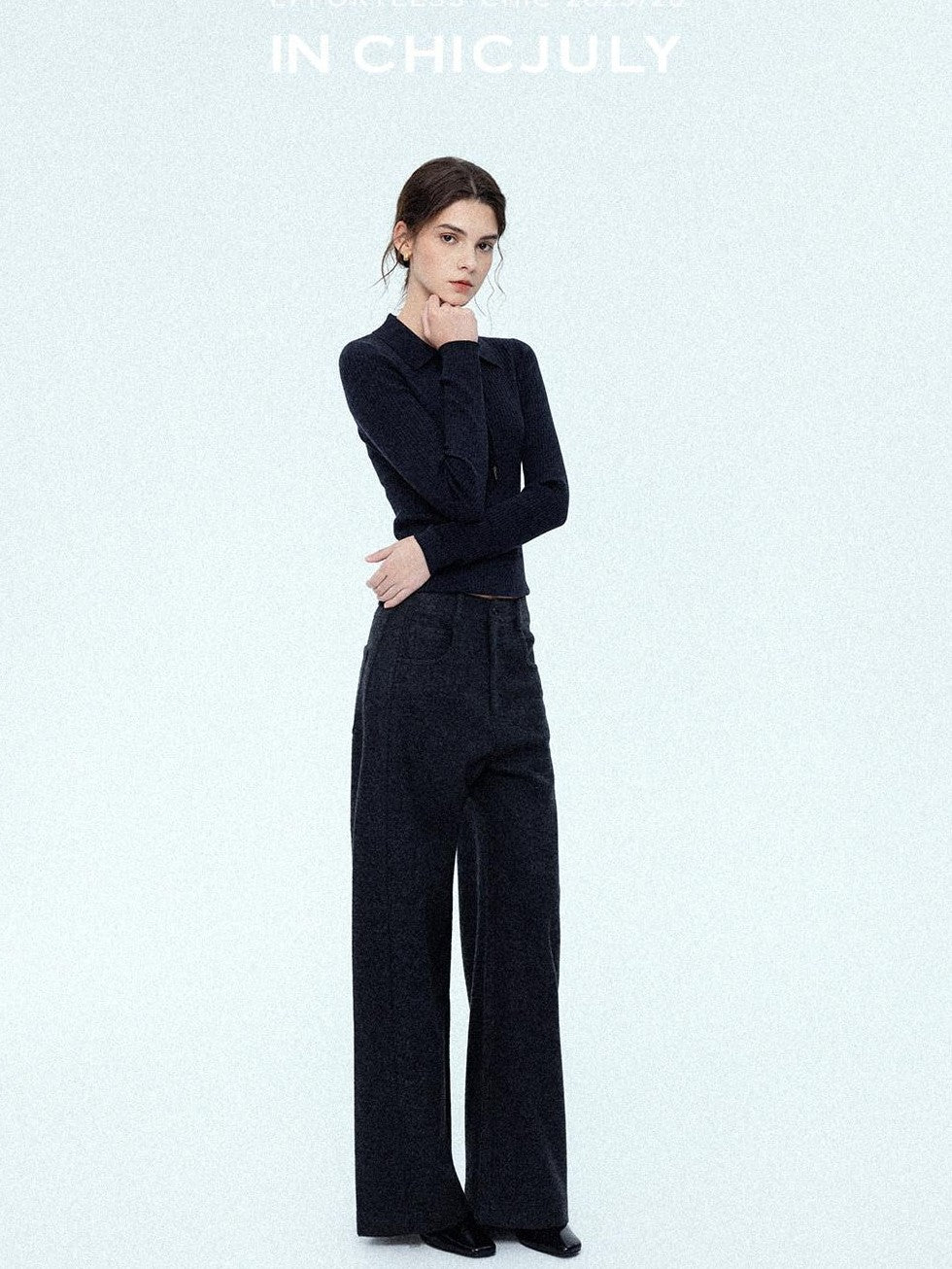 chicjuly Relaxed Minimalist Curved Slimming Women's Wool High Waist Wide-leg Pants