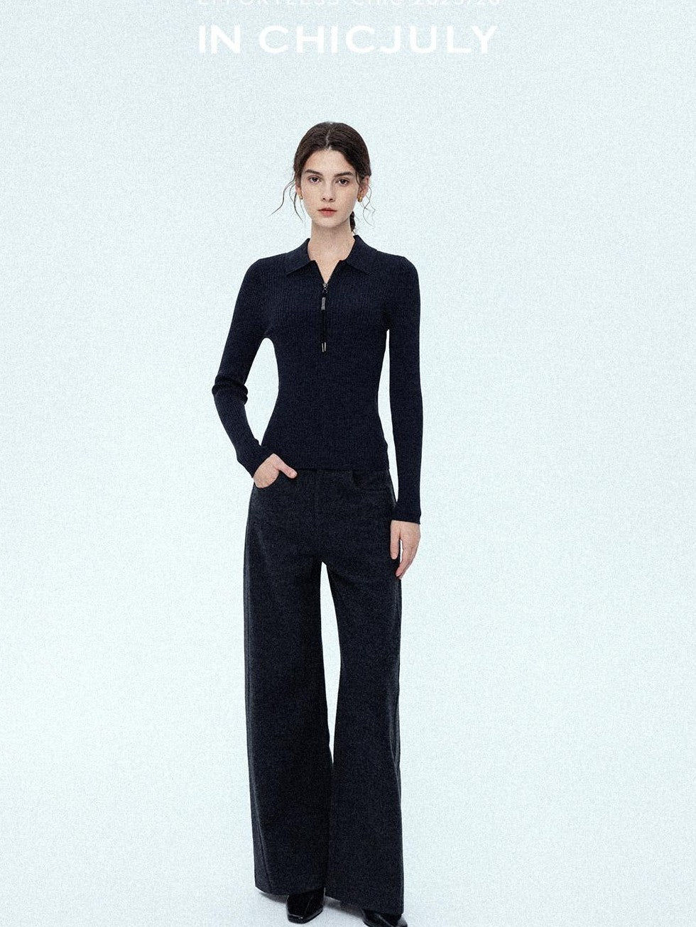 chicjuly Relaxed Minimalist Curved Slimming Women's Wool High Waist Wide-leg Pants