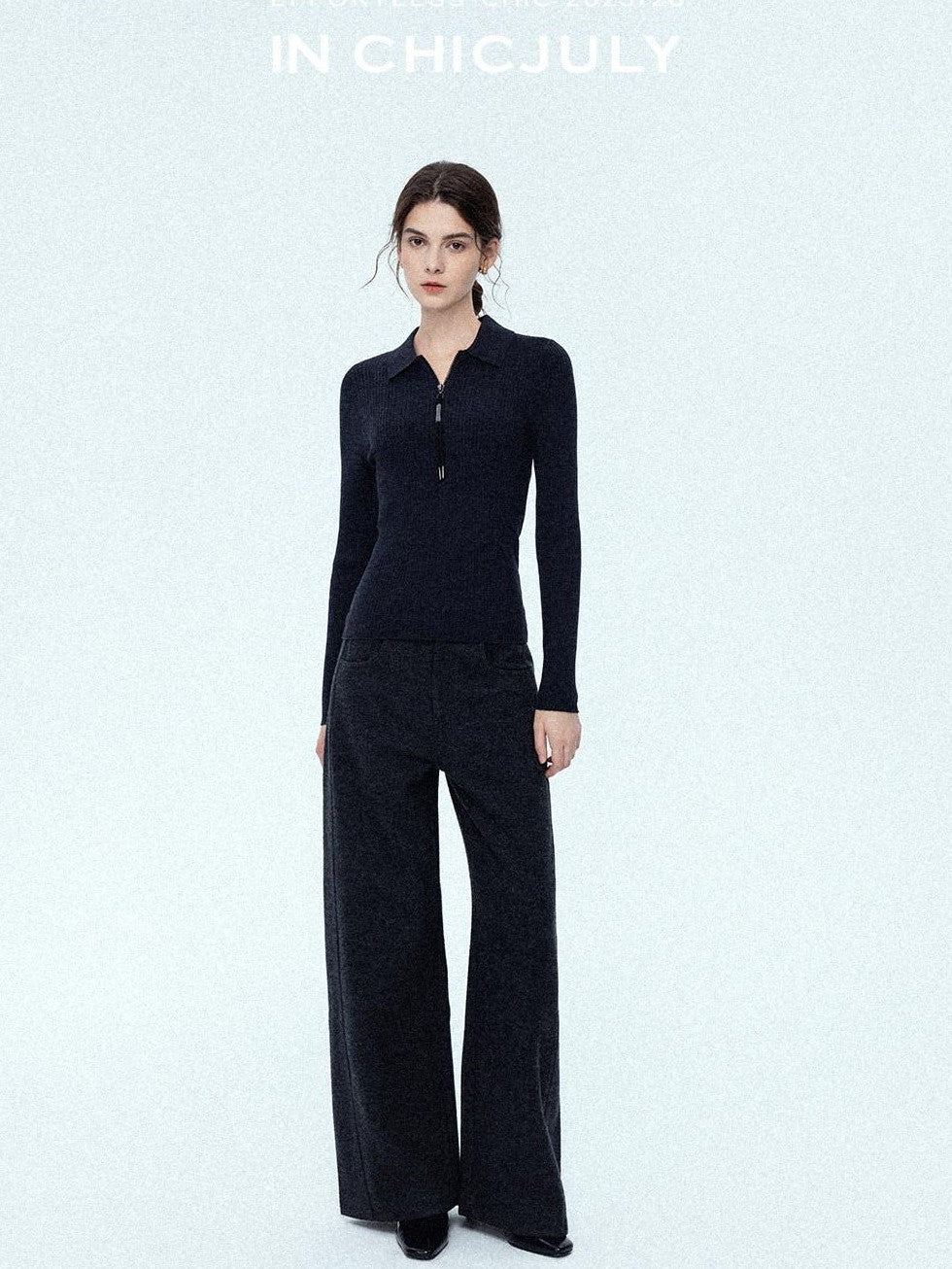 chicjuly Relaxed Minimalist Curved Slimming Women's Wool High Waist Wide-leg Pants