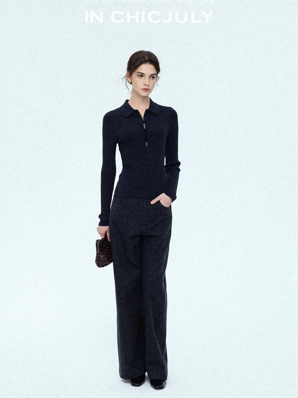 chicjuly Relaxed Minimalist Curved Slimming Women's Wool High Waist Wide-leg Pants